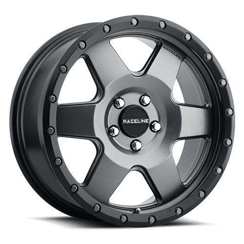 Aluminum Wheels 17x8 Boost 946G Satin Gunmetal Gray 6 Spoke 35 Offset 5 on 110 Bolt Pattern 72.62 Bore Raceline 946G-78021+35