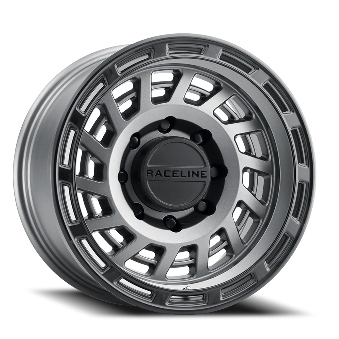 Aluminum Wheels 17x8.5 Halo 957GB Gunmetal Gray Black Ring 0 Offset 5 on 127 Bolt Pattern 78.1 Bore Raceline 957GB-78550-00