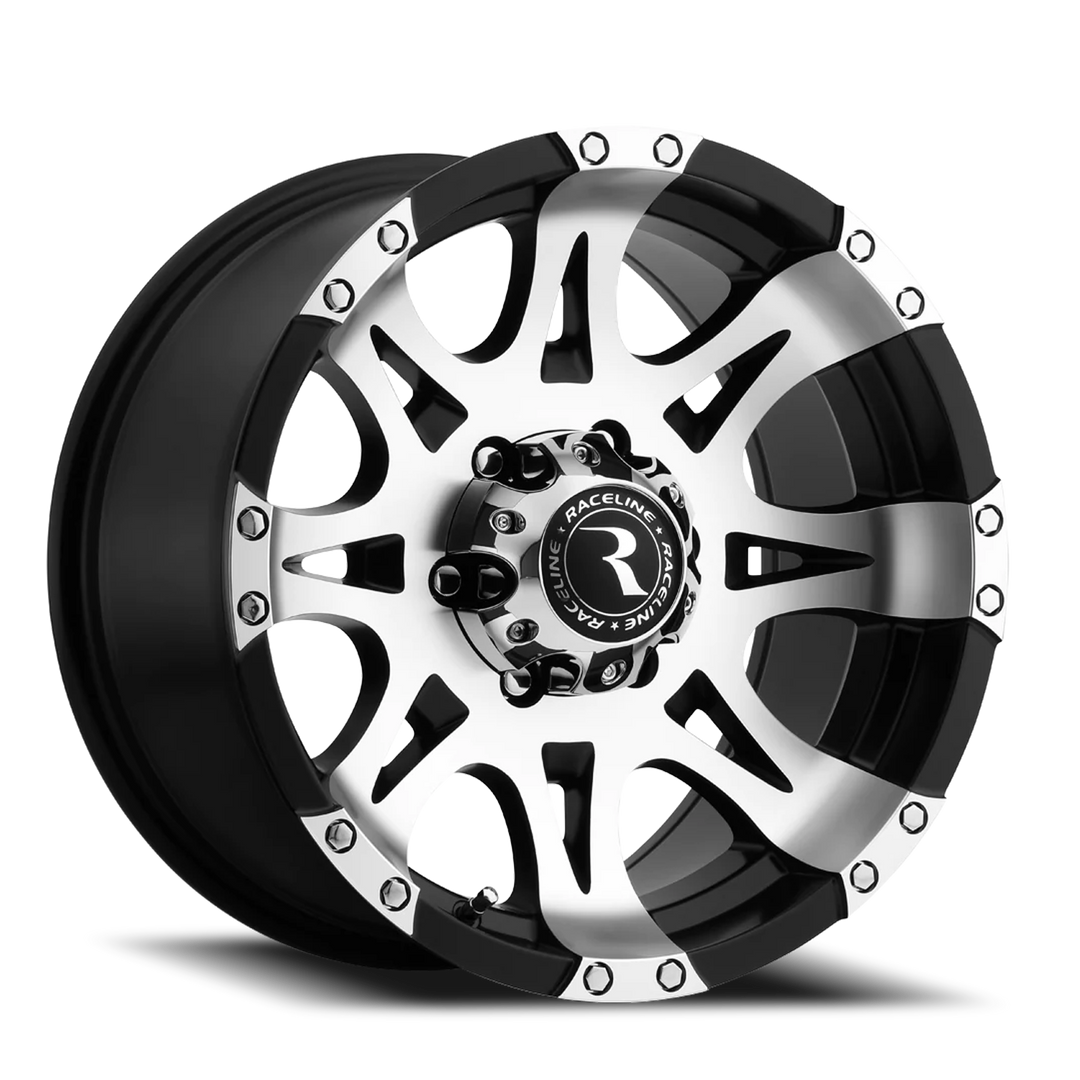 Aluminum Wheels 16x8 Raptor 982 Machined Face Black 0 Offset 6 on 139.7 Bolt Pattern 108 Bore Raceline 982-68060