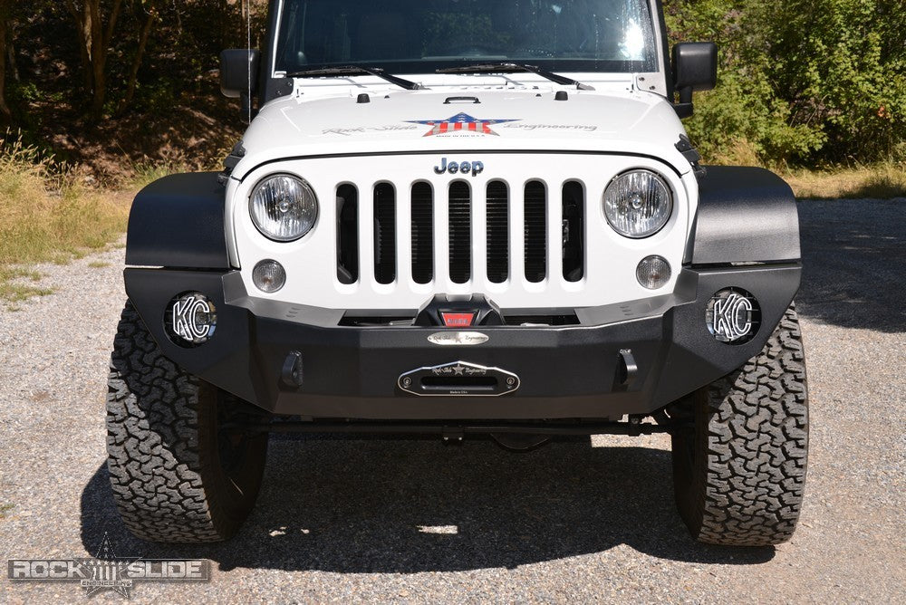 Jeep JK Full Front Bumper For 07-18 Wrangler JK With Winch Plate No Bull Bar Black Powdercoated Rigid Series Rock Slide Engineering FB-F-101-JK