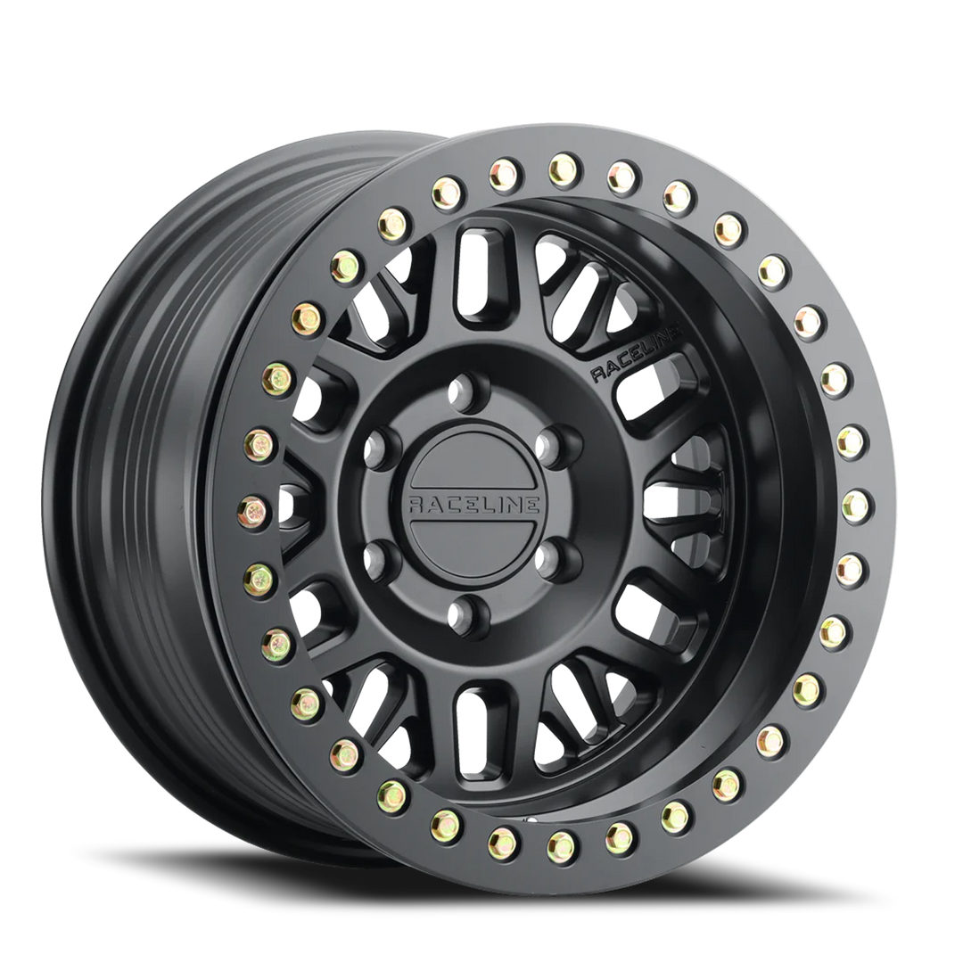 Aluminum Wheels 17x9 Ryno Cast Beadlock RT951B Satin Black Black Beadlock Ring -38 Offset 5 on 127 Bolt Pattern 83.82 Bore Raceline RT951B-79050-38